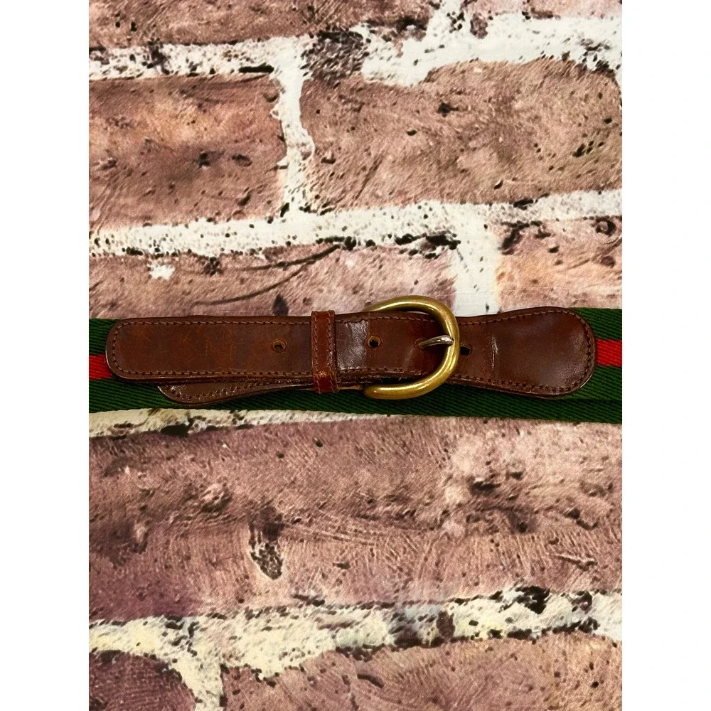 Leatherman‎ Ltd Surcingle Belt Mens 32 Red Green Striped Canvas Leather USA VTG